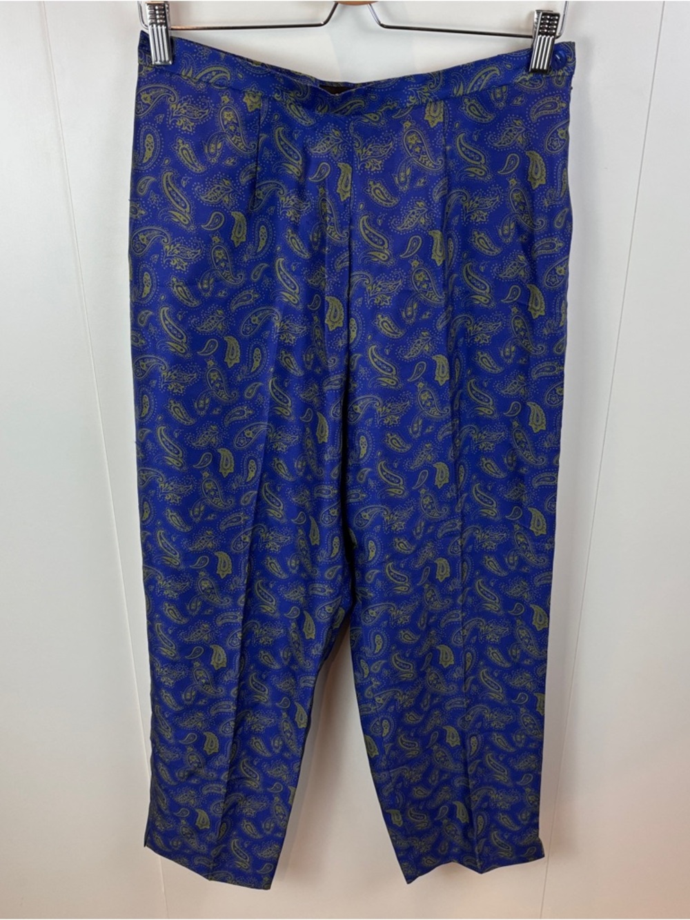 Vintage Silk Paisley Trousers Navy Blue Chartreuse 10 Josephine Chaus High Waist